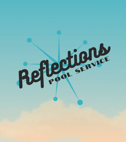 Reflections Pool Service logo with retro design, turquoise starburst pattern, and sandy beach background