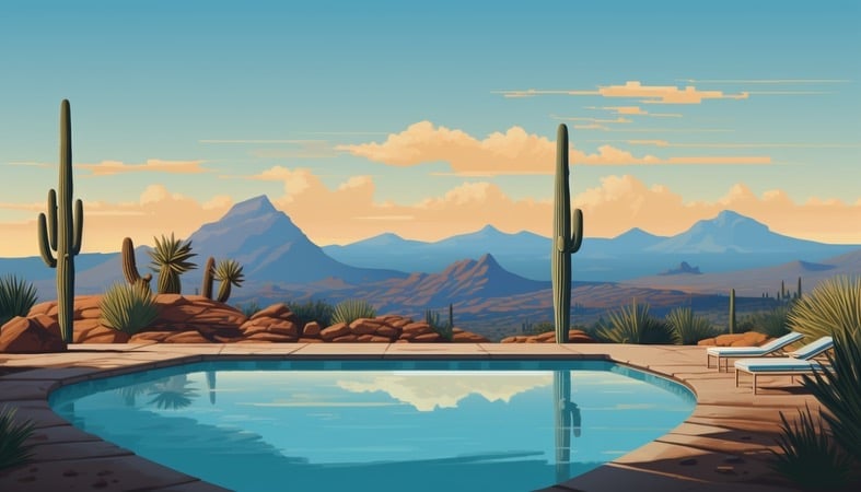 A turquoise swimming pool reflects desert mountains and saguaro cacti under a blue sky at sunrise or sunset