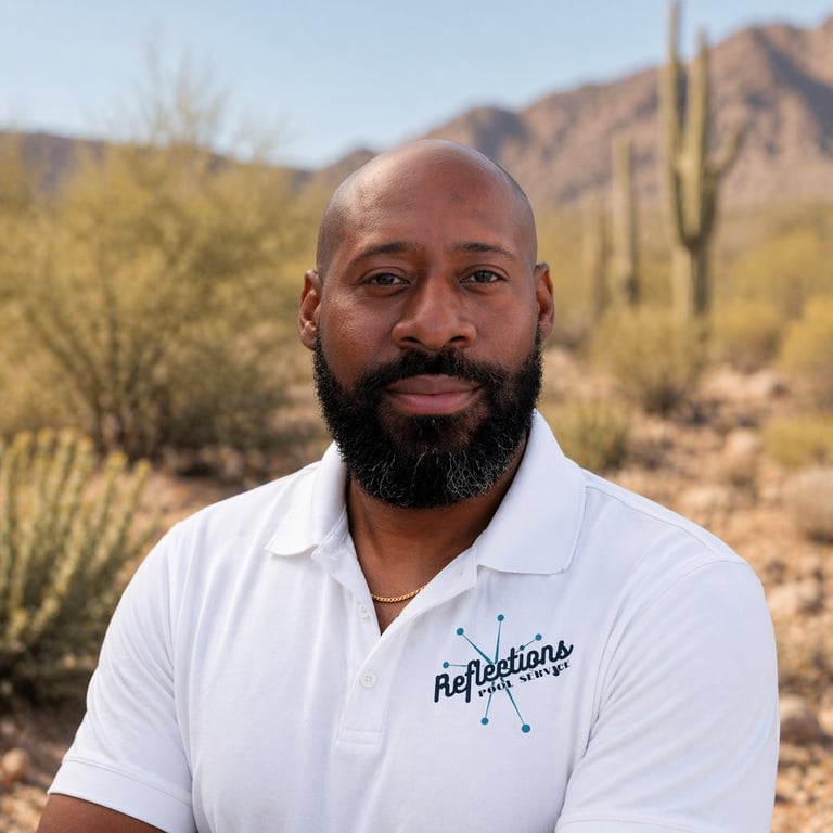 Man with beard wearing white polo shirt standing in desert with saguaro cacti and mountains in background